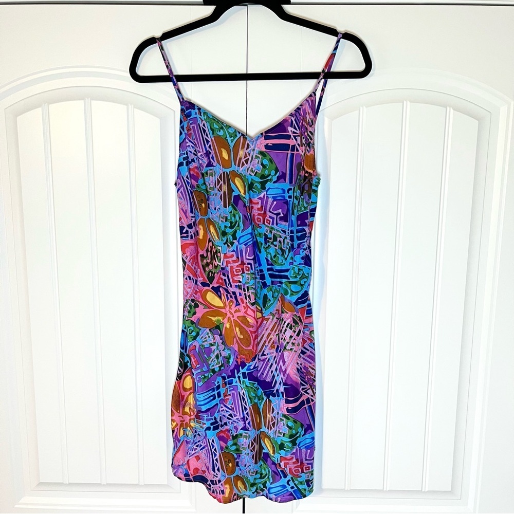 Vintage Floral Tropical Colorful Abstract Pattern Slip Dress Silk Size Small